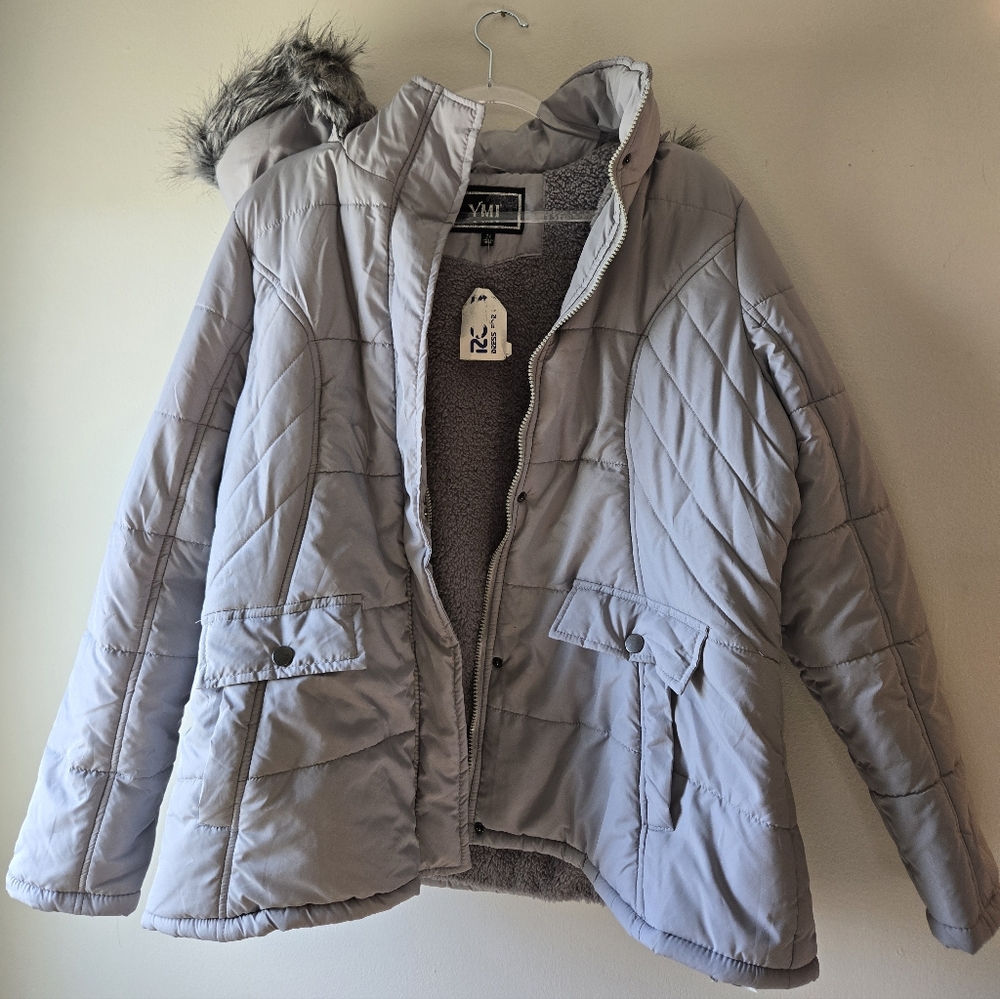 YMI Women's Gray Quilted Jacket with Faux Fur Hood